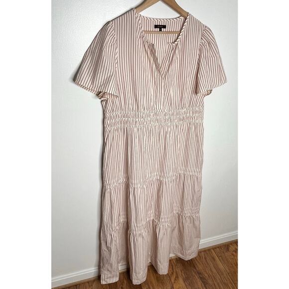 Quince Short Sleeve Tiered Cotton Maxi Dress Womens XL Terracotta Stripe Pockets - Picture 3 of 11